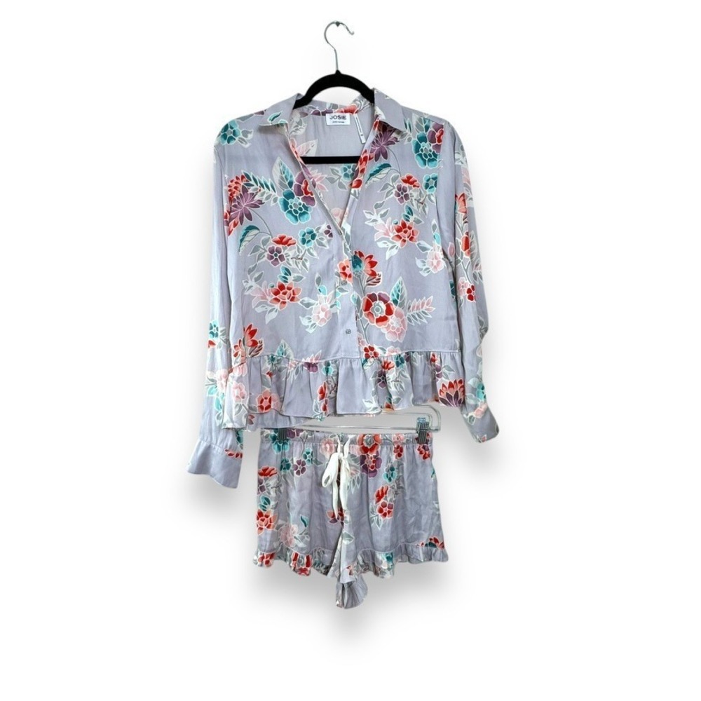 Josie Natori Floral Pajama Set Womens‎ XS Blue Long Sleeve Top Shorts Lounge